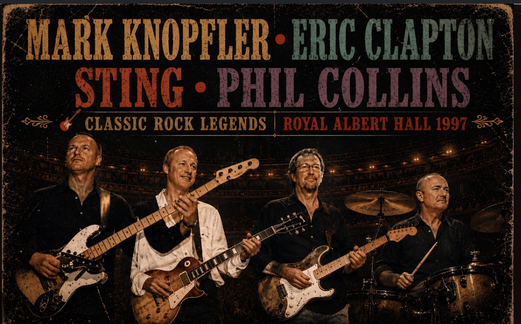 Concert poster featuring classic rock legends Mark Knopfler, Eric Clapton, Sting, and Phil Collins at Royal Albert Hall in 1997.